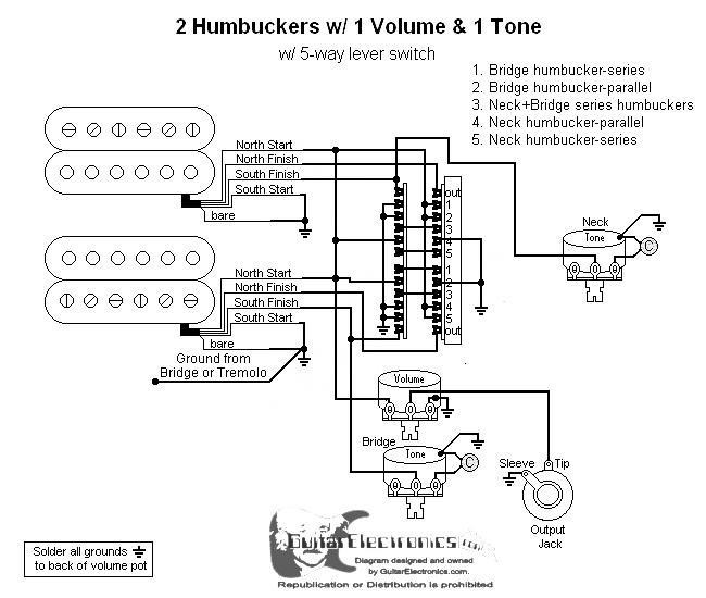 2 humbuckers 5 way lever switch 1 volume 2 tones 04 Single Humbucker Wiring-Diagram click to enlarge